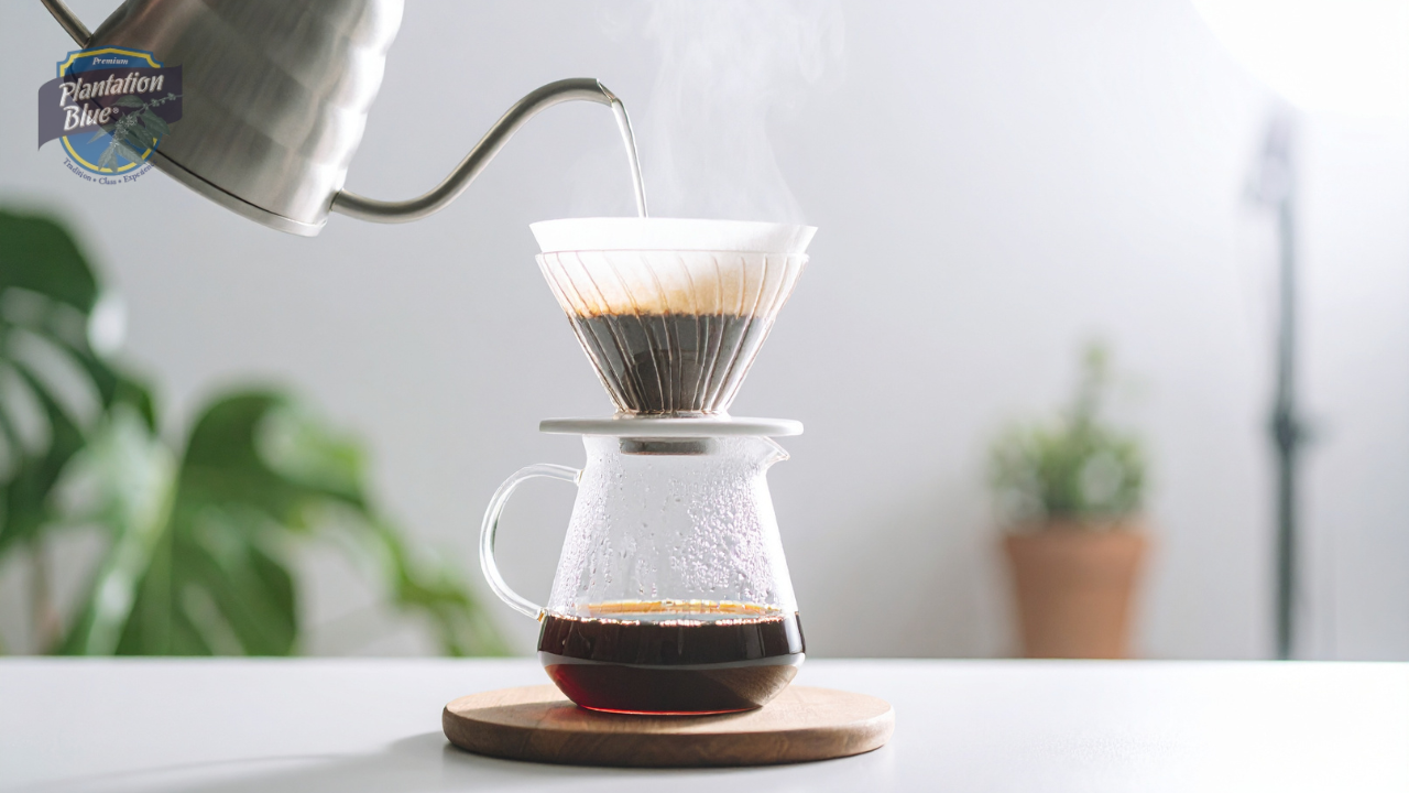 Hot water being poured through a pour-over dripper to brew authentic Jamaica Blue Mountain Coffee into a glass carafe.