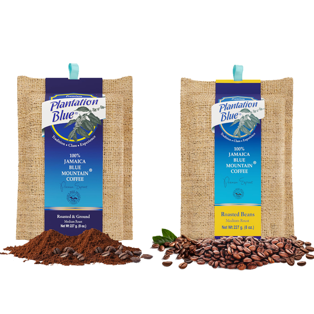 Plantation Blue 100% Jamaica Blue Mountain Coffee 8oz whole bean and ground Bundle