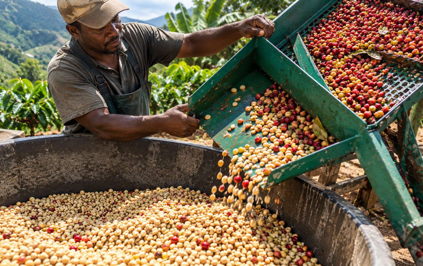 Freshly picked coffee cherries being sorted and processed on a Jamaican farm