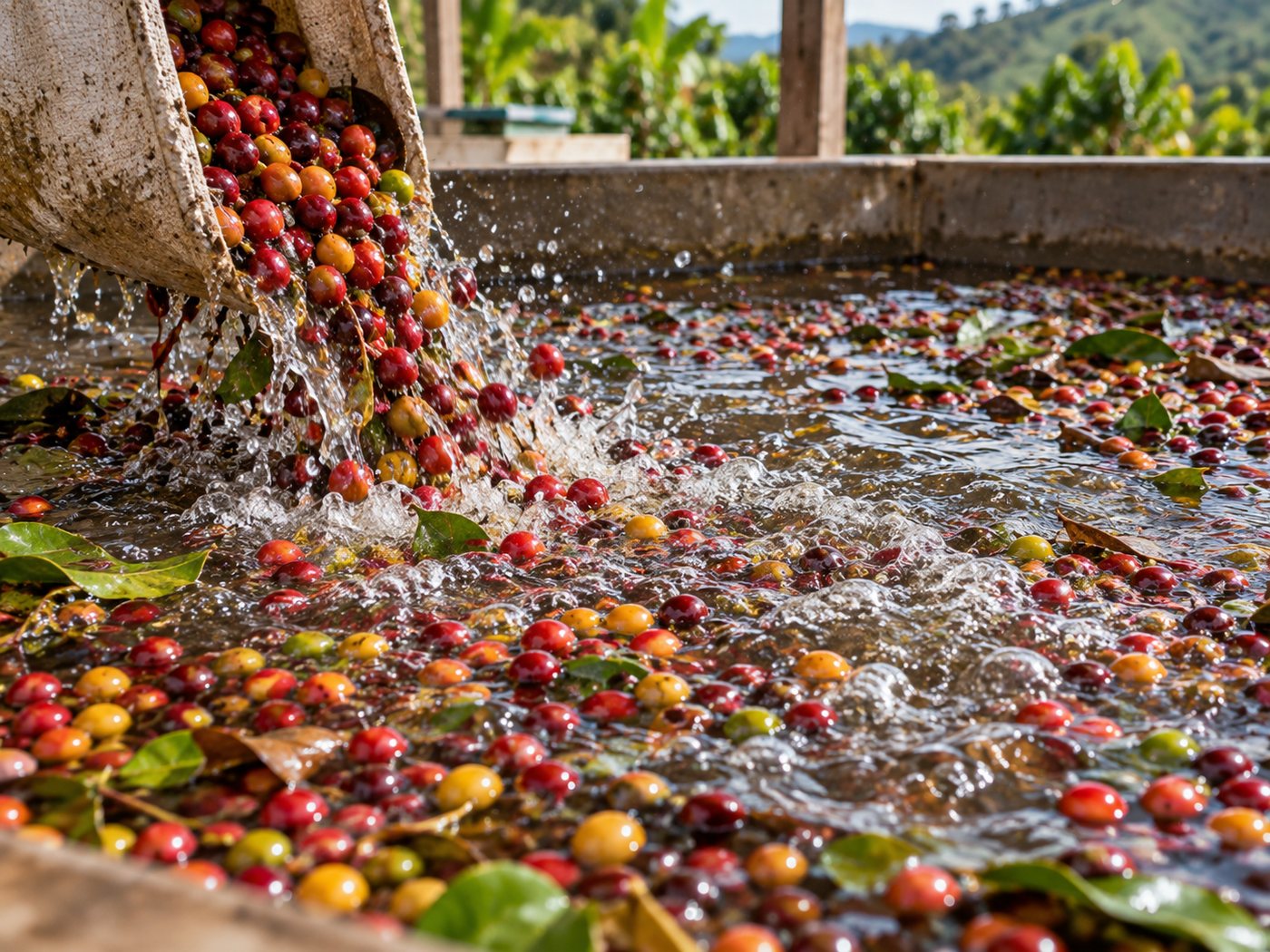 Freshly picked coffee cherries poured into a water flotation tank for screening