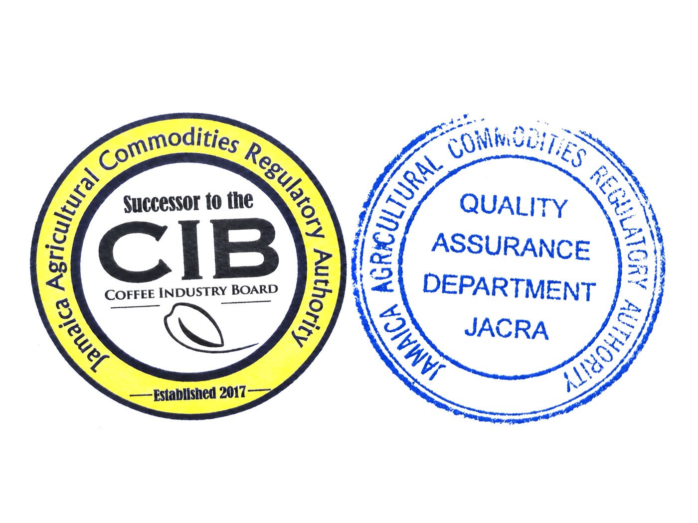 JACRA seal (successor to the Coffee Industry Board) and JACRA Quality Assurance Department stamp