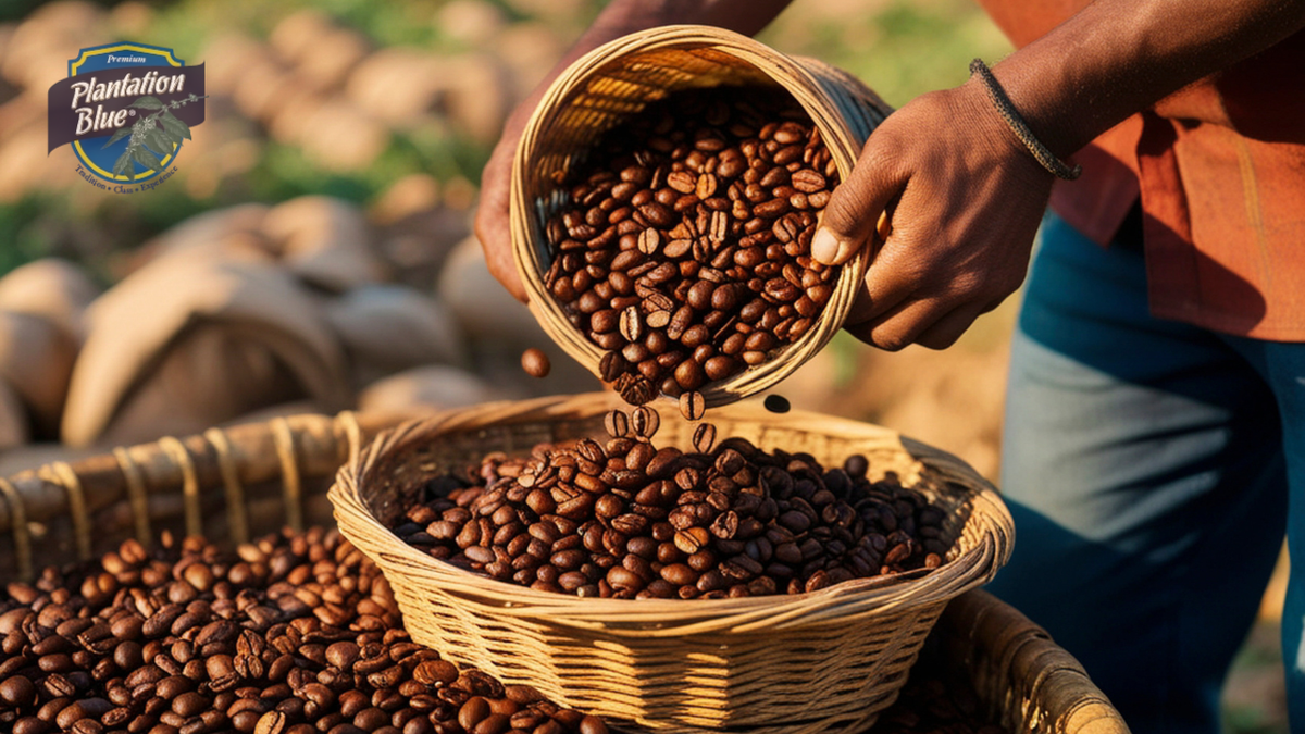 Plantation Blue Coffee beans being poured into a woven basket during coffee harvesting.
