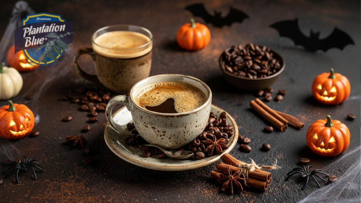 Jamaica Blue Mountain coffee with cinnamon, coffee beans, and Halloween pumpkins for a festive autumn brew.