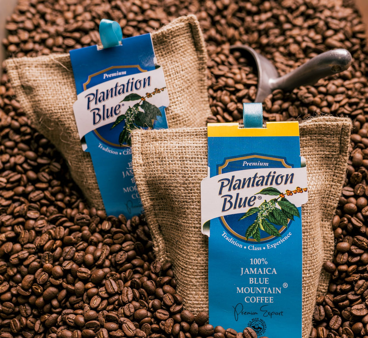 Two burlap bags of Plantation Blue 100% Jamaica Blue Mountain coffee resting in roasted beans