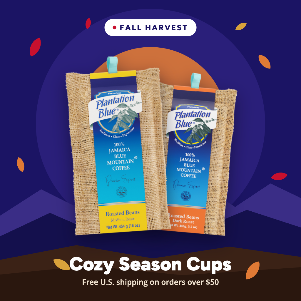 Plantation Blue Medium and Dark Roast Jamaica Blue Mountain coffee for fall