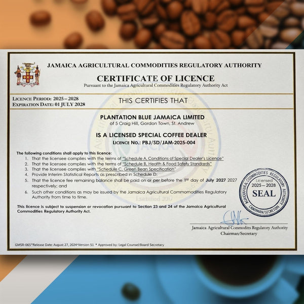 JACRA certificate of licence for Plantation Blue Jamaica Limited
