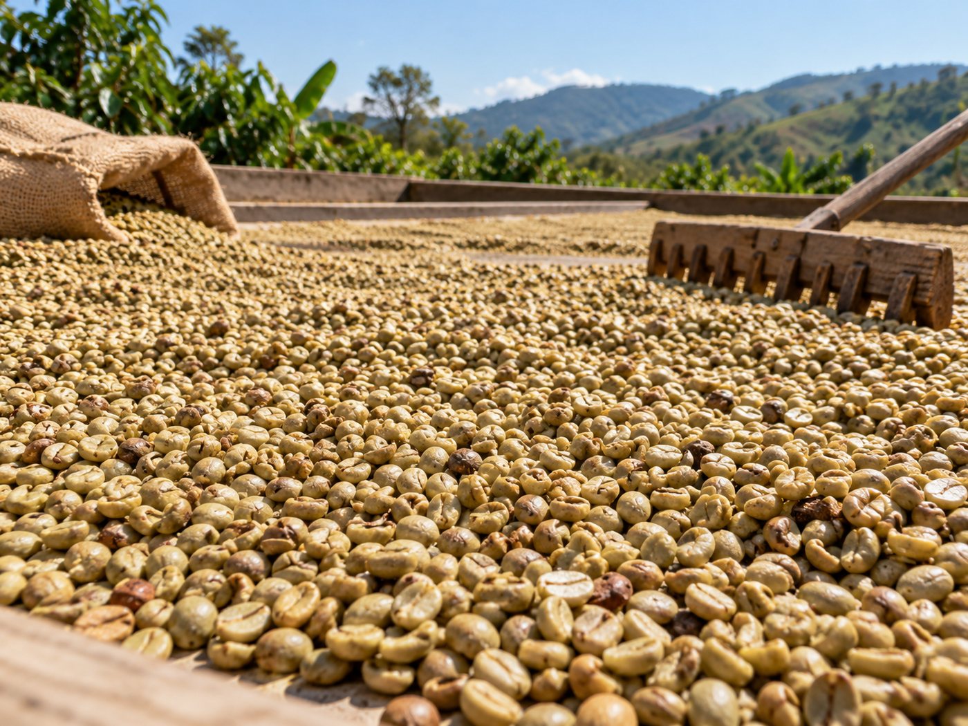 Coffee parchment spread out to sun-dry on a concrete barbeque in the Blue Mountains